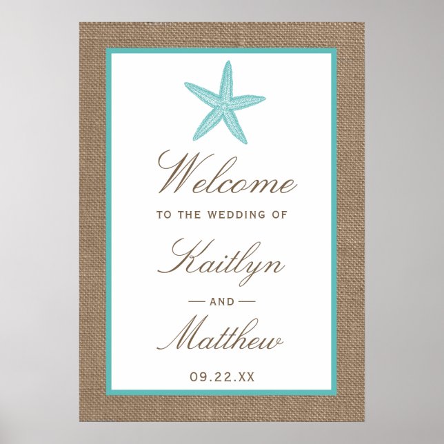 Turquoise Starfish Burlap Beach Wedding Collection Poster (Front)