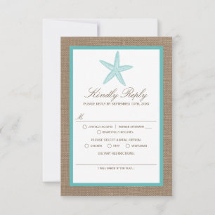 Turquoise Starfish Burlap Beach Wedding Collection RSVP Card