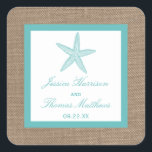 Turquoise Starfish Burlap Beach Wedding Collection Square Sticker<br><div class="desc">The turquoise starfish on burlap beach wedding collection is perfect for any couple planning a romantic marriage by the sea. The rustic burlap effect background gives these invitations a boho-chic feel, while the tropical turquoise has a fresh and cool colour scheme that can be used throughout your wedding. The cute...</div>