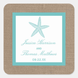 Turquoise Starfish Burlap Beach Wedding Collection Square Sticker
