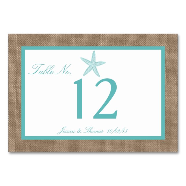 Turquoise Starfish Burlap Beach Wedding Collection Table Number (Front)