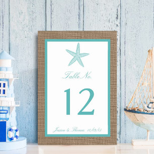 Turquoise Starfish Burlap Beach Wedding Collection Table Number