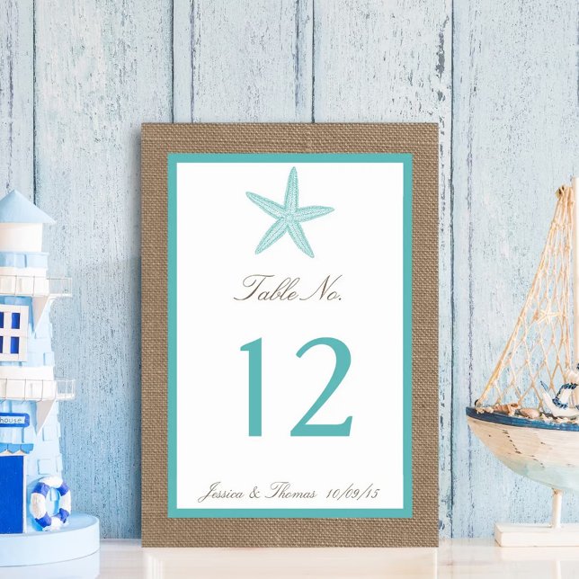 Turquoise Starfish Burlap Beach Wedding Collection Table Number (Creator Uploaded)
