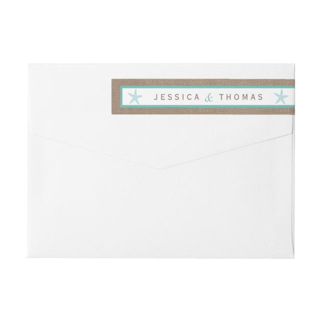 Turquoise Starfish Burlap Beach Wedding Collection Wrap Around Label (Back)