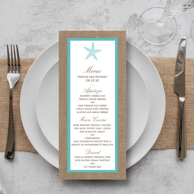 Turquoise Starfish Burlap Beach Wedding Menu (Creator Uploaded)