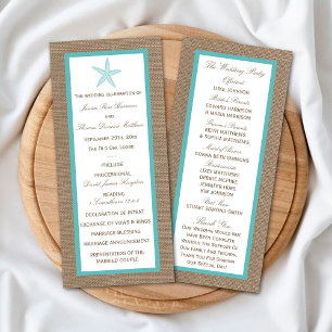 Turquoise Starfish Burlap Beach Wedding Program Rack Card