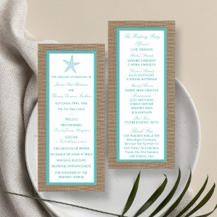 Turquoise Starfish Burlap Beach Wedding Program Rack Card