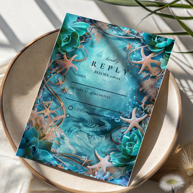 Turquoise Starfish Ocean Wedding RSVP Card (Creator Uploaded)