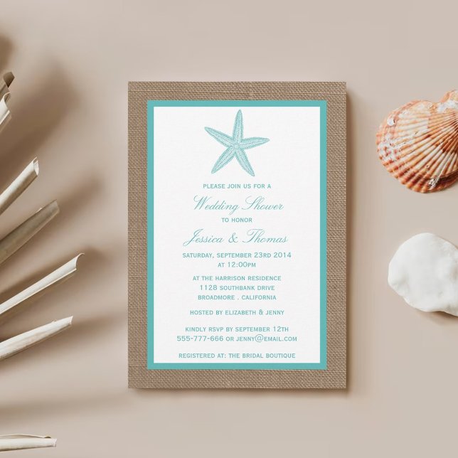 Turquoise Starfish On Burlap Beach Wedding Shower Invitation (Creator Uploaded)