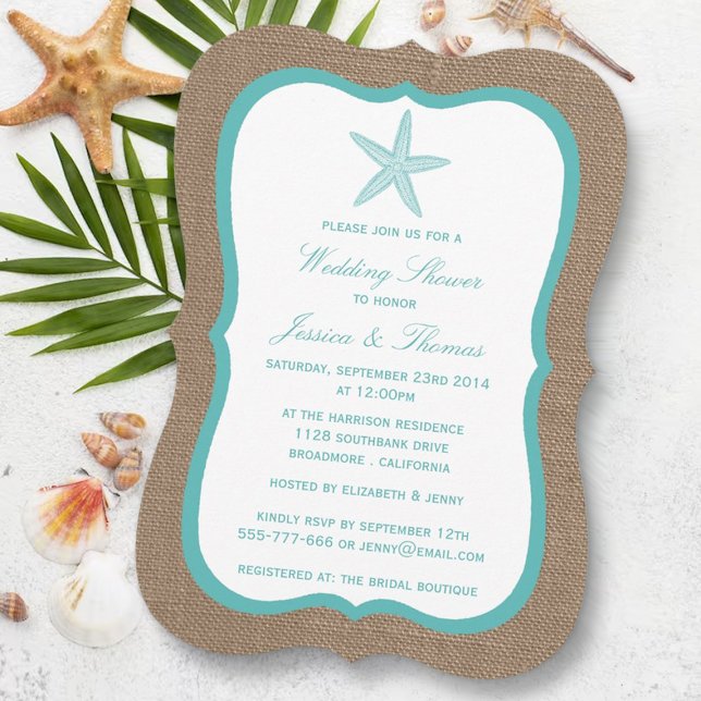 Turquoise Starfish On Burlap Beach Wedding Shower Invitation (Creator Uploaded)