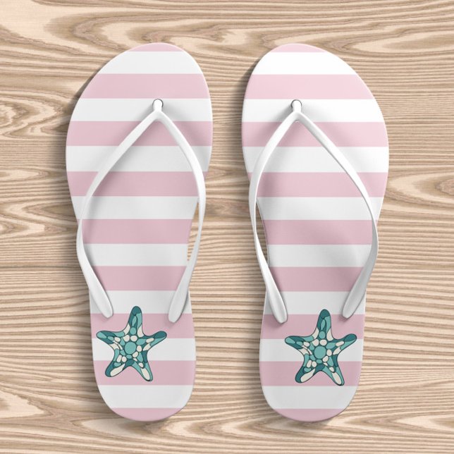 Turquoise Starfish Pink And White Stripes Kid's Jandals (Creator Uploaded)