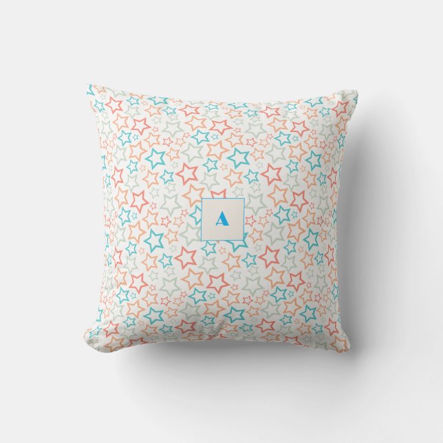 Turquoise stars pattern monogram cushion (Front)