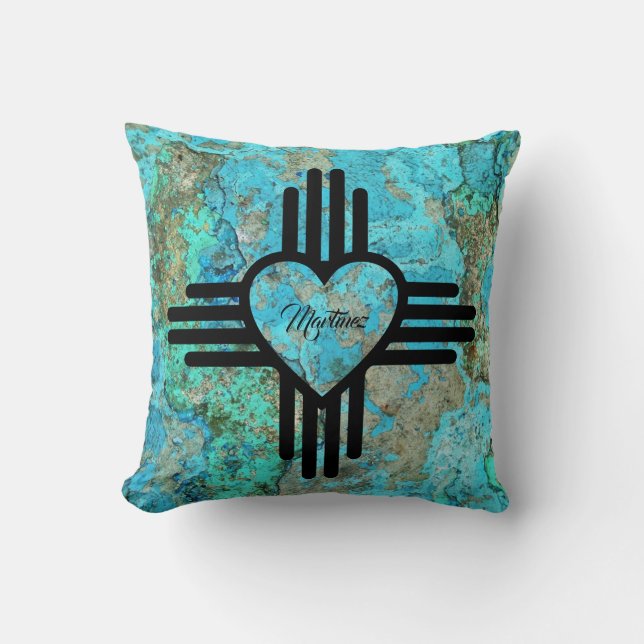 Turquoise Stone with Zia Heart Home Custom Name Cushion (Front)