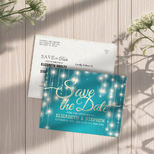 Turquoise String Lights Gold Script Save the Date Announcement Postcard
