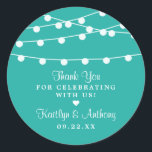 Turquoise String Lights Wedding Favour Classic Round Sticker<br><div class="desc">Simple yet elegant, these white string lights on a turquoise background wedding favour stickers, will help to add the perfect finishing touch to your big day! These stickers can be personalised for your special occasion and would make the perfect accessory for any wedding, bridal shower, engagement party, birthday party and...</div>