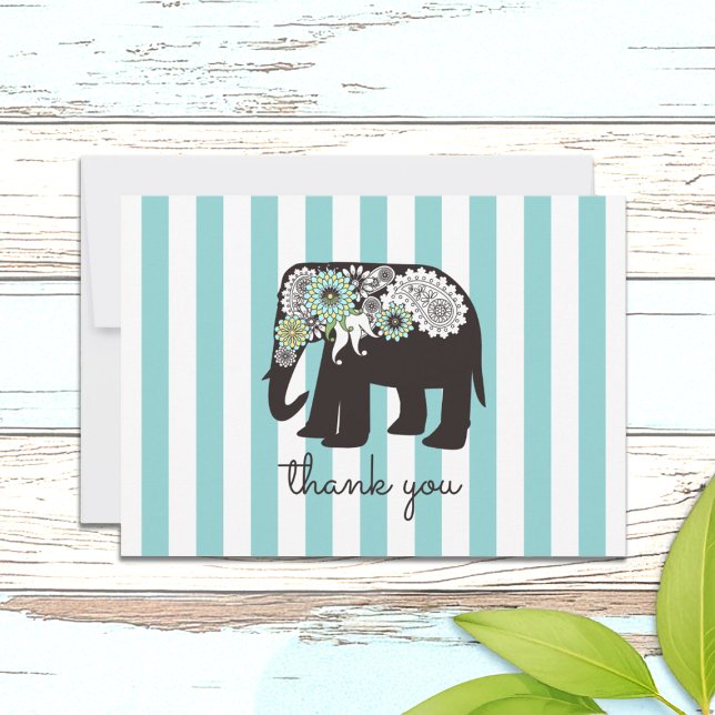 Turquoise Stripe Paisley Elephant Thank You Cards (Creator Uploaded)