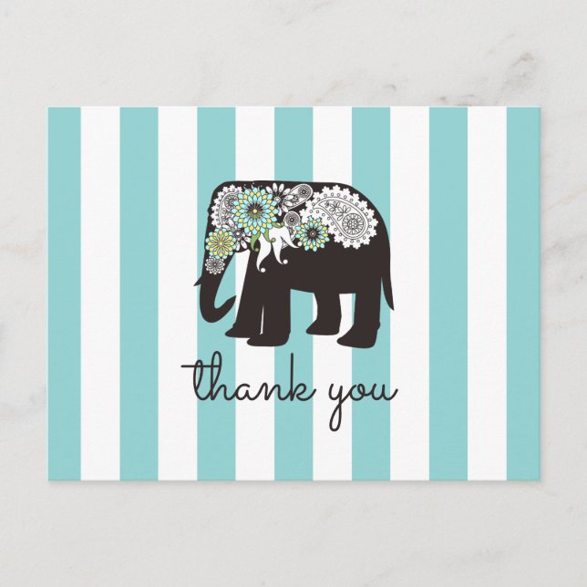 Turquoise Stripe Paisley Elephant Thank You Postcard (Front)
