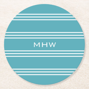 Turquoise Stripes custom monogram paper coasters