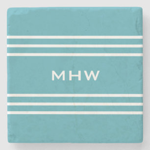 Turquoise Stripes custom monogram stone coaster