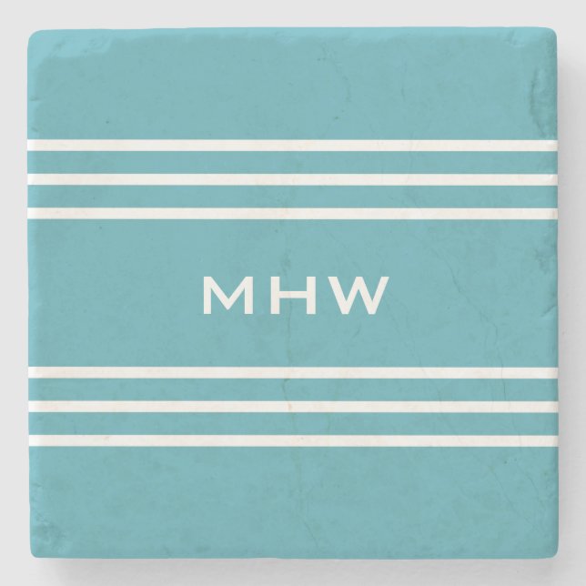 Turquoise Stripes custom monogram stone coaster (Front)