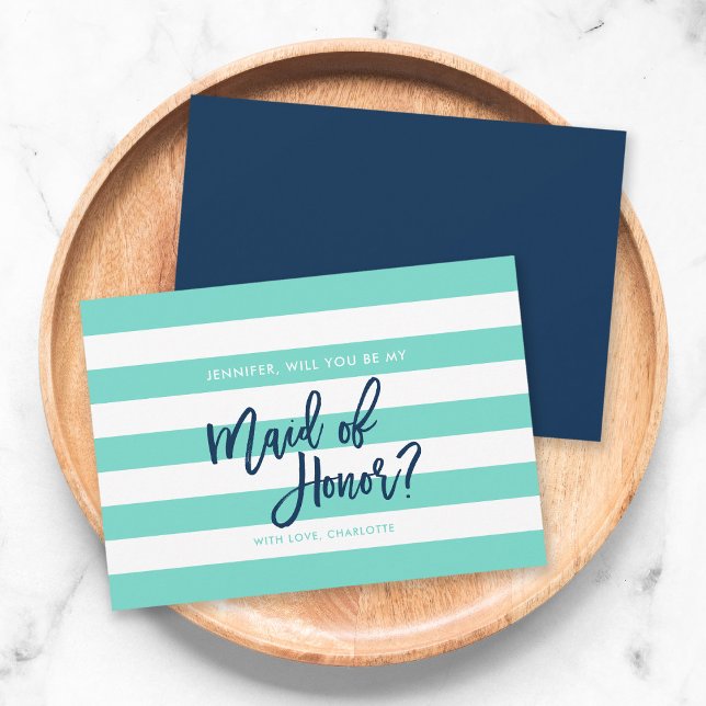 Turquoise Stripes Will You Be My Maid of Honour Invitation (Creator Uploaded)