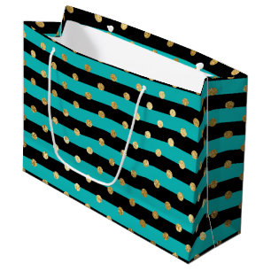Turquoise Stripes with Polka Dots Birthday Party Large Gift Bag