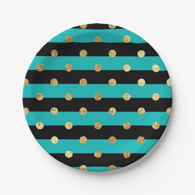 Turquoise Stripes with Polka Dots Birthday Party Paper Plate (Front)