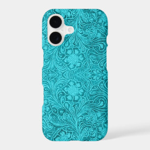 Turquoise Suede Leather Look Floral Design