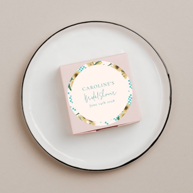 Turquoise Sunflower Chequerboard Bridal Shower  Classic Round Sticker (Creator Uploaded)