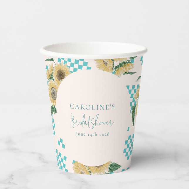 Turquoise Sunflower Chequerboard Bridal Shower  Paper Cups (Front)