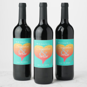 Turquoise Sunset Hearts Monogram Wine Label
