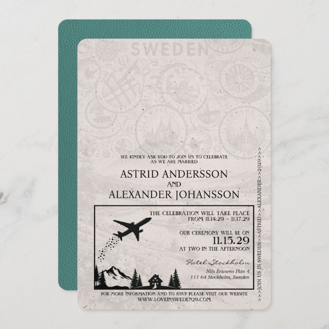 Turquoise Sweden Passport Wedding Invitation (Front/Back)