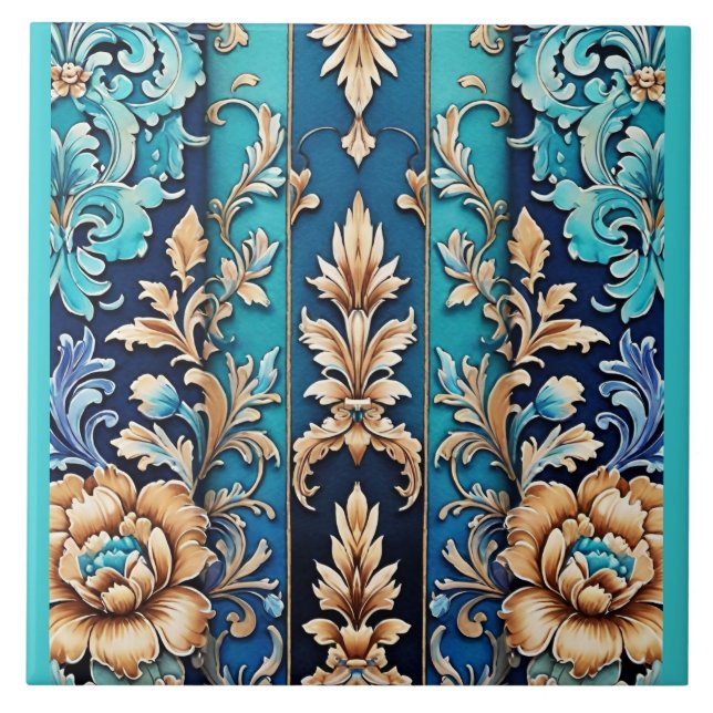 Turquoise Tan Floral Damask Tile Western Style (Front)