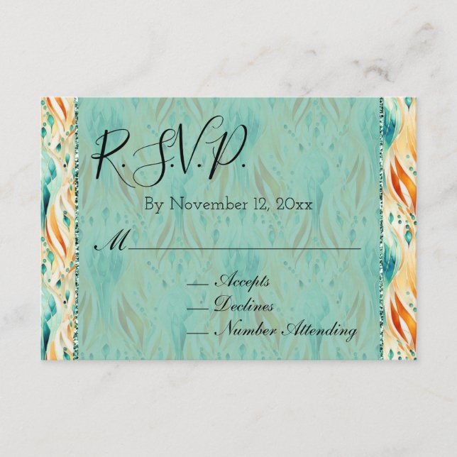Turquoise Tangerine Abstract Jewel Wedding RSVP Enclosure Card (Front)