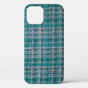 Turquoise tartan fabric, textured background. iPhone 12 case