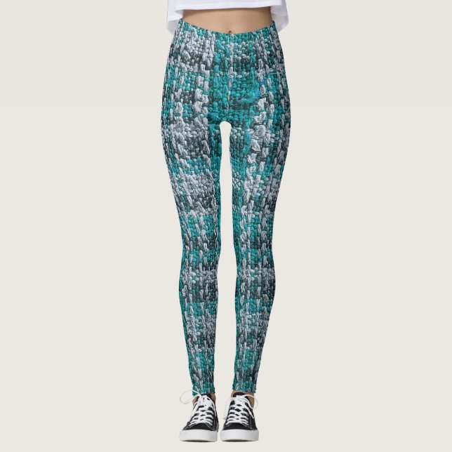 Turquoise tartan fabric, textured background. leggings (Front)