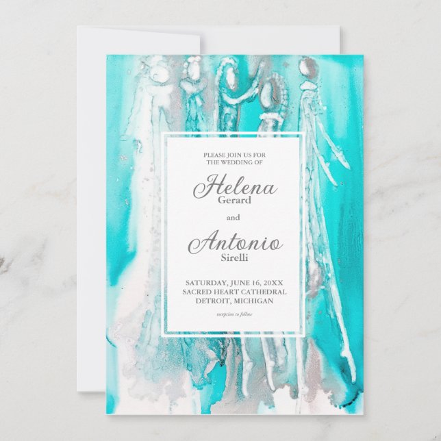 Turquoise Teal  Abstract Wedding Invitation (Front)