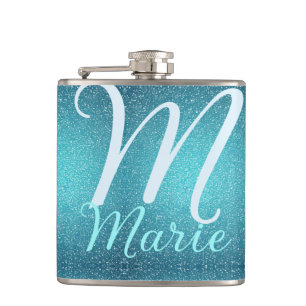 Turquoise teal agate aqua monogram add letter text hip flask