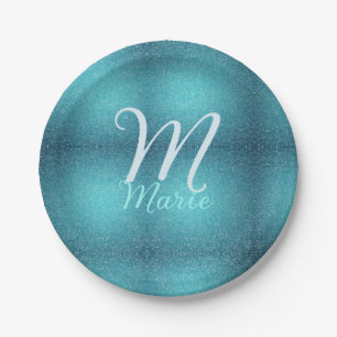 Turquoise teal agate aqua monogram add letter text paper plate