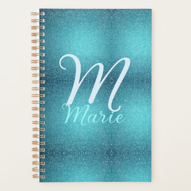 Turquoise teal agate aqua monogram add letter text planner (Front)