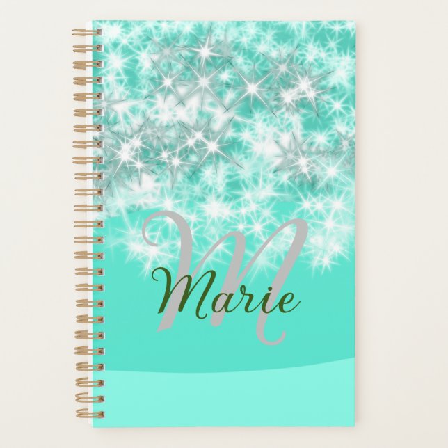 Turquoise teal agate aqua monogram add letter text planner (Front)