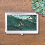Turquoise Teal Agate Geode Monogram Gold Script Business Card Holder<br><div class="desc">Modern, stylish professional business card holder featuring turquoise, teal agate and faux gold glitter veins and accents personalised with fancy calligraphy script monogram initials. ASSISTANCE: For help with design modification or personalisation, colour change, transferring the design to another product or you would like coordinating items, contact the designer BEFORE ORDERING...</div>