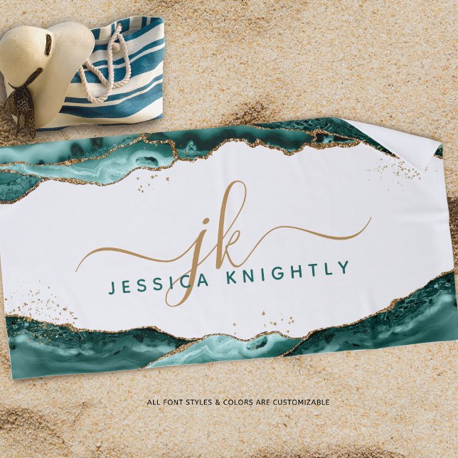 Turquoise Teal Agate Gold Glitter Monogram Script Beach Towel (Creator Uploaded)