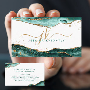 Turquoise Teal Agate Gold Glitter Monogram Script Business Card
