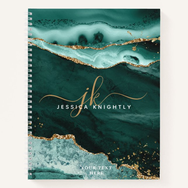 Turquoise Teal Agate Gold Glitter Script Monogram Notebook (Front)