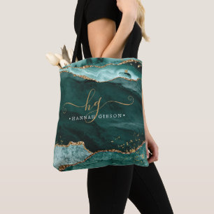 Turquoise Teal Agate Monogram Gold Glitter Tote Bag