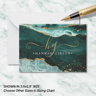 Turquoise Teal Agate Monogram Script Gold Glitter Card