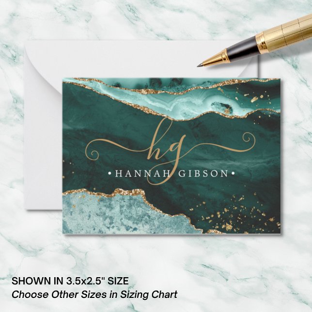 Turquoise Teal Agate Monogram Script Gold Glitter Card (Creator Uploaded)