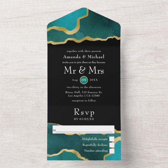 Turquoise - Teal and Gold Agate Wedding All In One Invitation (Inside)