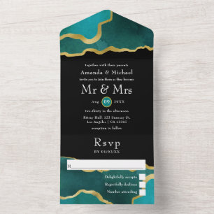Turquoise - Teal and Gold Agate Wedding All In One Invitation